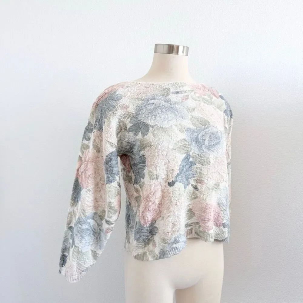Vintage White Tapestry Pastel Rose Floral Sweater Medium Boatneck